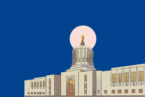 2025 Legislative session Campaign Header with a blue background, art of the Oregon capital building and pink circle behind he building.