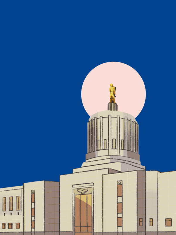 2025 Legislative session Campaign Header with a blue background, art of the Oregon capital building and pink circle behind he building.