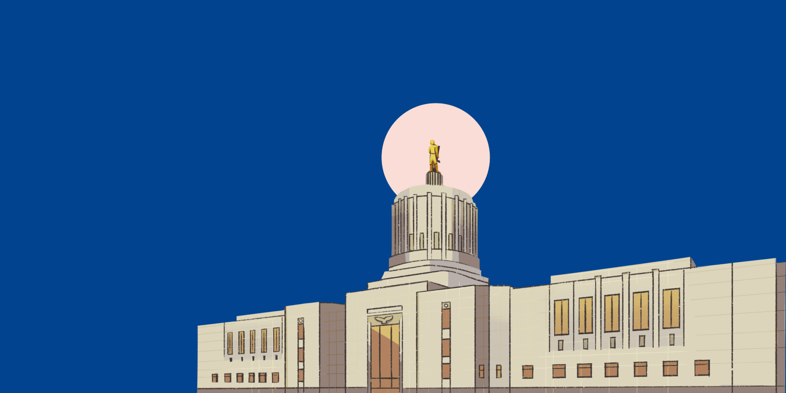 2025 Legislative session Campaign Header with a blue background, art of the Oregon capital building and pink circle behind he building.