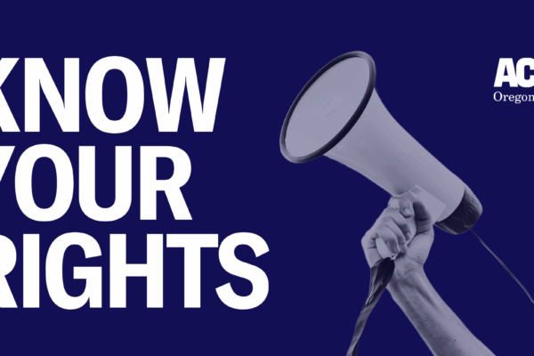 A navy background, text on the left reads "know your rights" with an image of an arm holding a megaphone on the right.