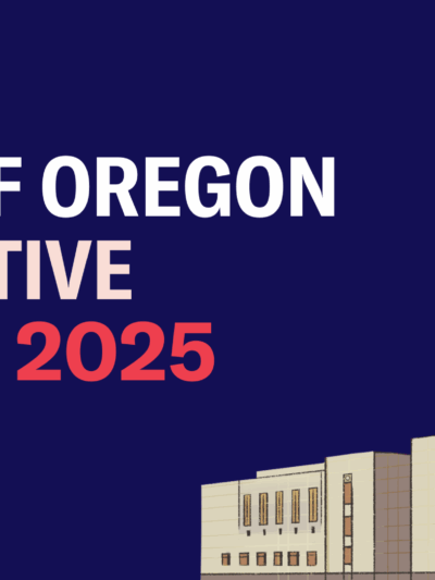 2025 Legislative session Campaign Header with a blue background, art of the Oregon capital building and blue lines circling the building. The image says, "State of Oregon Legislative Session 2024"