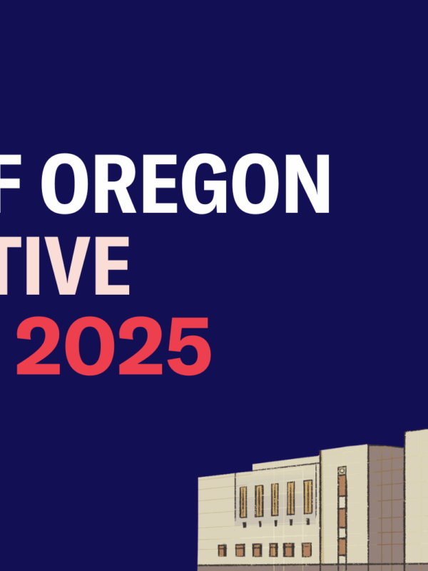 2025 Legislative session Campaign Header with a blue background, art of the Oregon capital building and blue lines circling the building. The image says, "State of Oregon Legislative Session 2024"