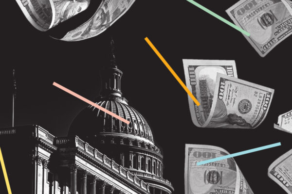 Paper money falling over the House of Congress.