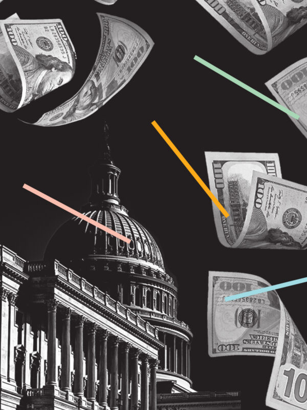 Paper money falling over the House of Congress.