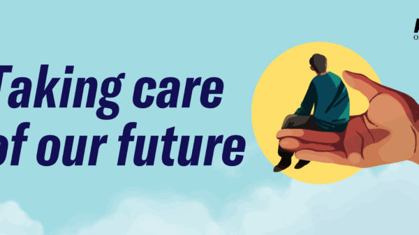 Light blue banner background with clouds and the text, "Taking care of our future." To the right side is a drawing of a person sitting on a large hand with a yellow circle background.