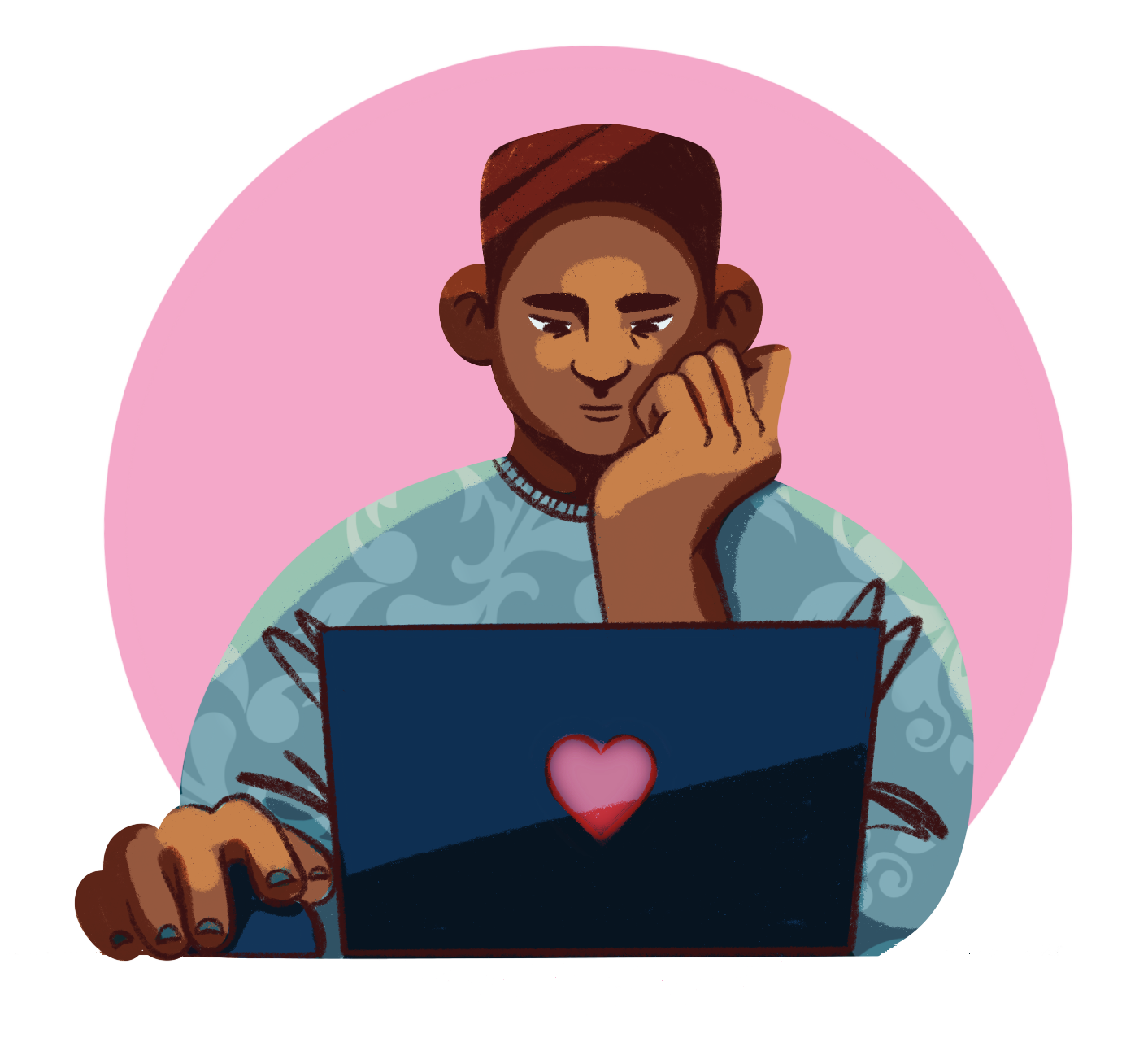 Drawing of a person with dark skin using a laptop with a pink circle background.