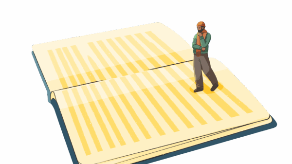 an illustration of a person walking on a giant book