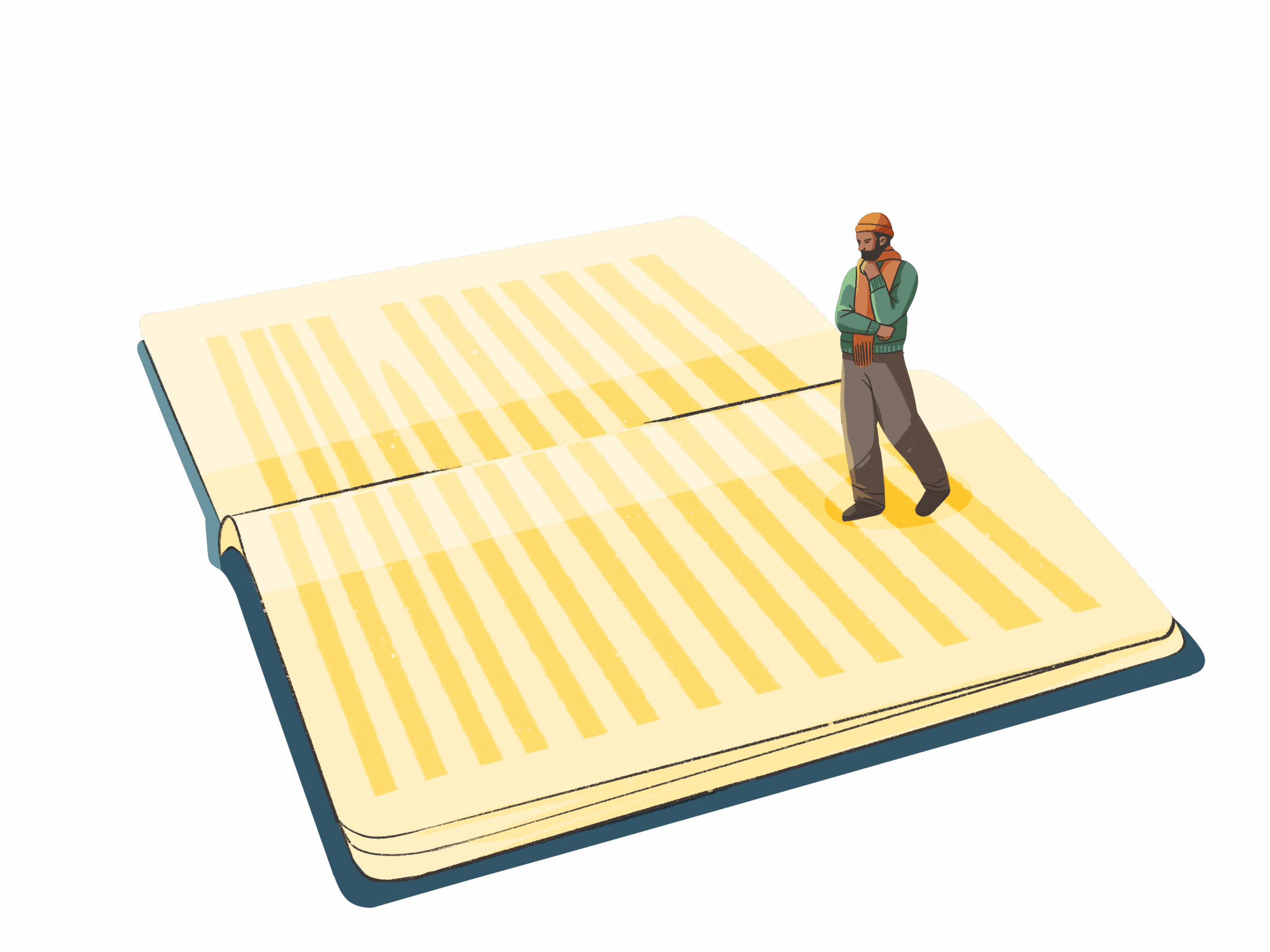 an illustration of a person walking on a giant book