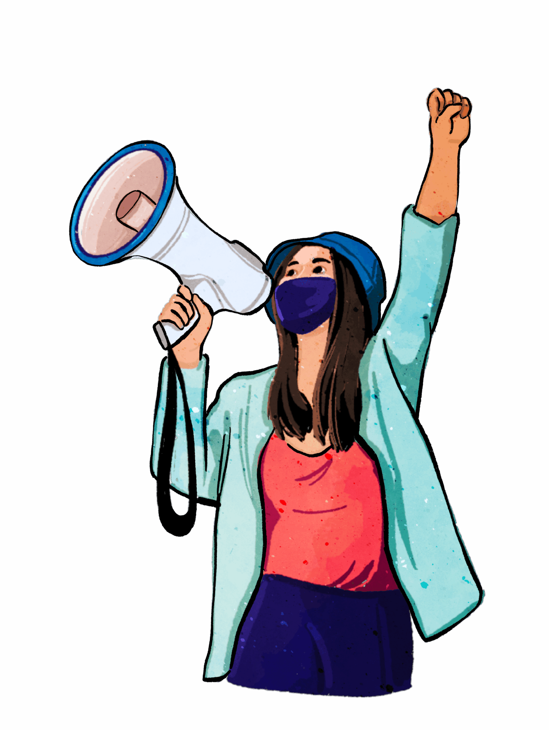 a masked protester using a megaphone