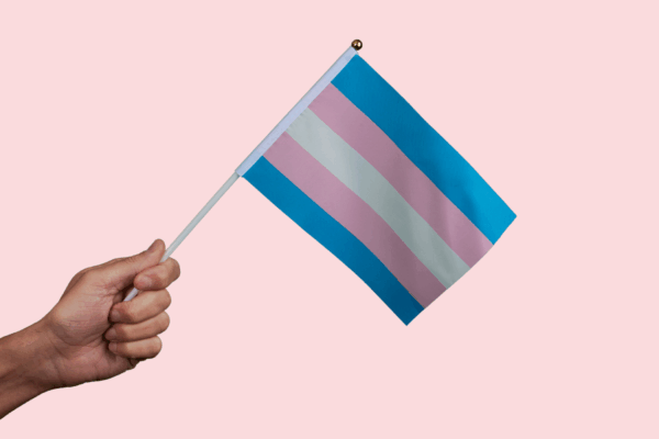 A hand holding a trans pride flag with a pink background