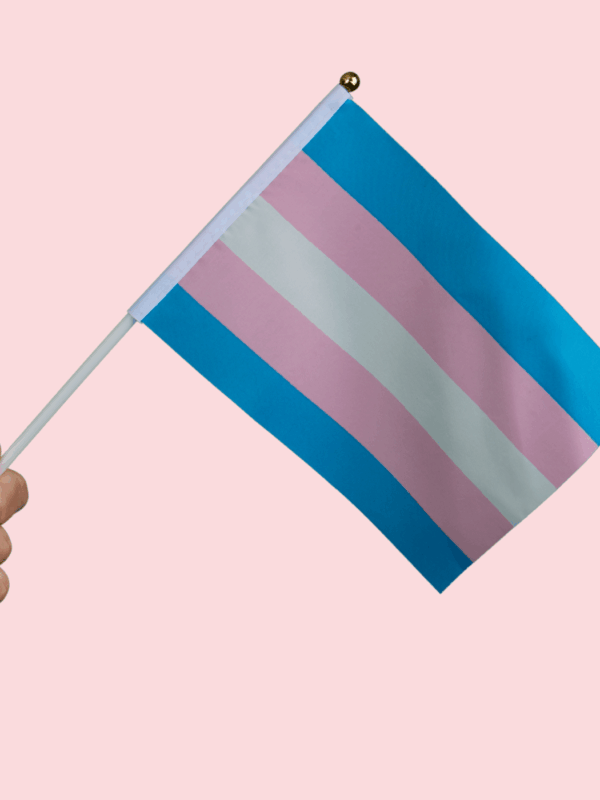A hand holding a trans pride flag with a pink background