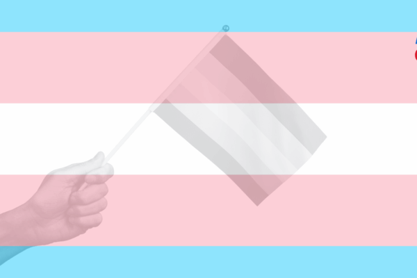 a hand holding a trans pride flag, with the pink blue and white stripes overlayed. Text reads "trans rights"