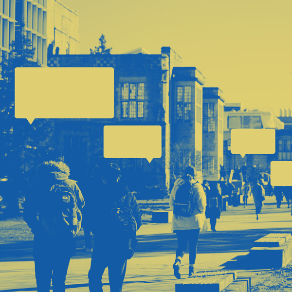 Blue and yellow picture of students with empty quote boxes.