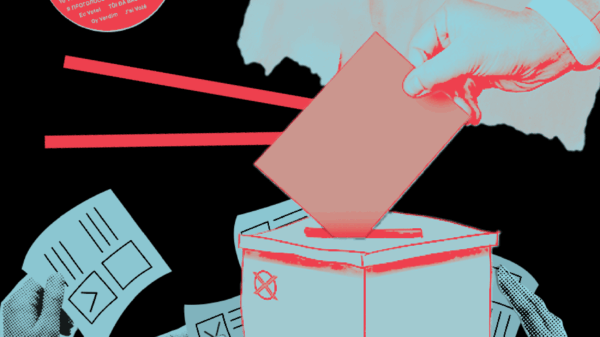 Graphic depicting hands with ballots and a button that reads, "I voted."