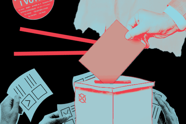 Graphic depicting hands with ballots and a button that reads, "I voted."