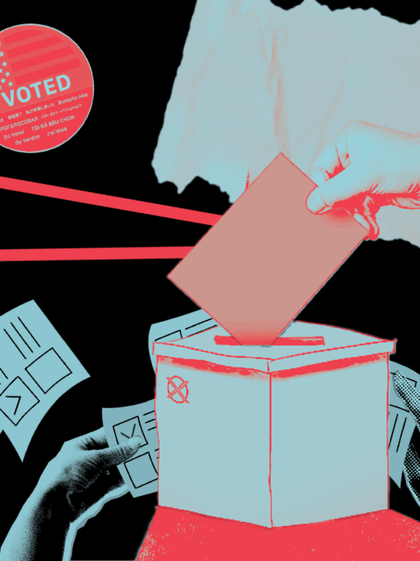 Graphic depicting hands with ballots and a button that reads, "I voted."