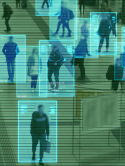 Scanning the crowd of people walking at the railway station. Surveillance interface using artificial intelligence and facial recognition.