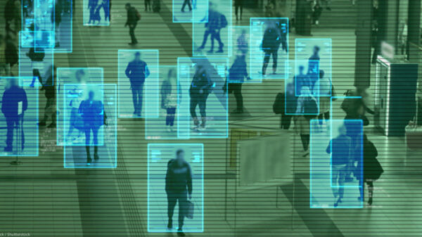 Scanning the crowd of people walking at the railway station. Surveillance interface using artificial intelligence and facial recognition.