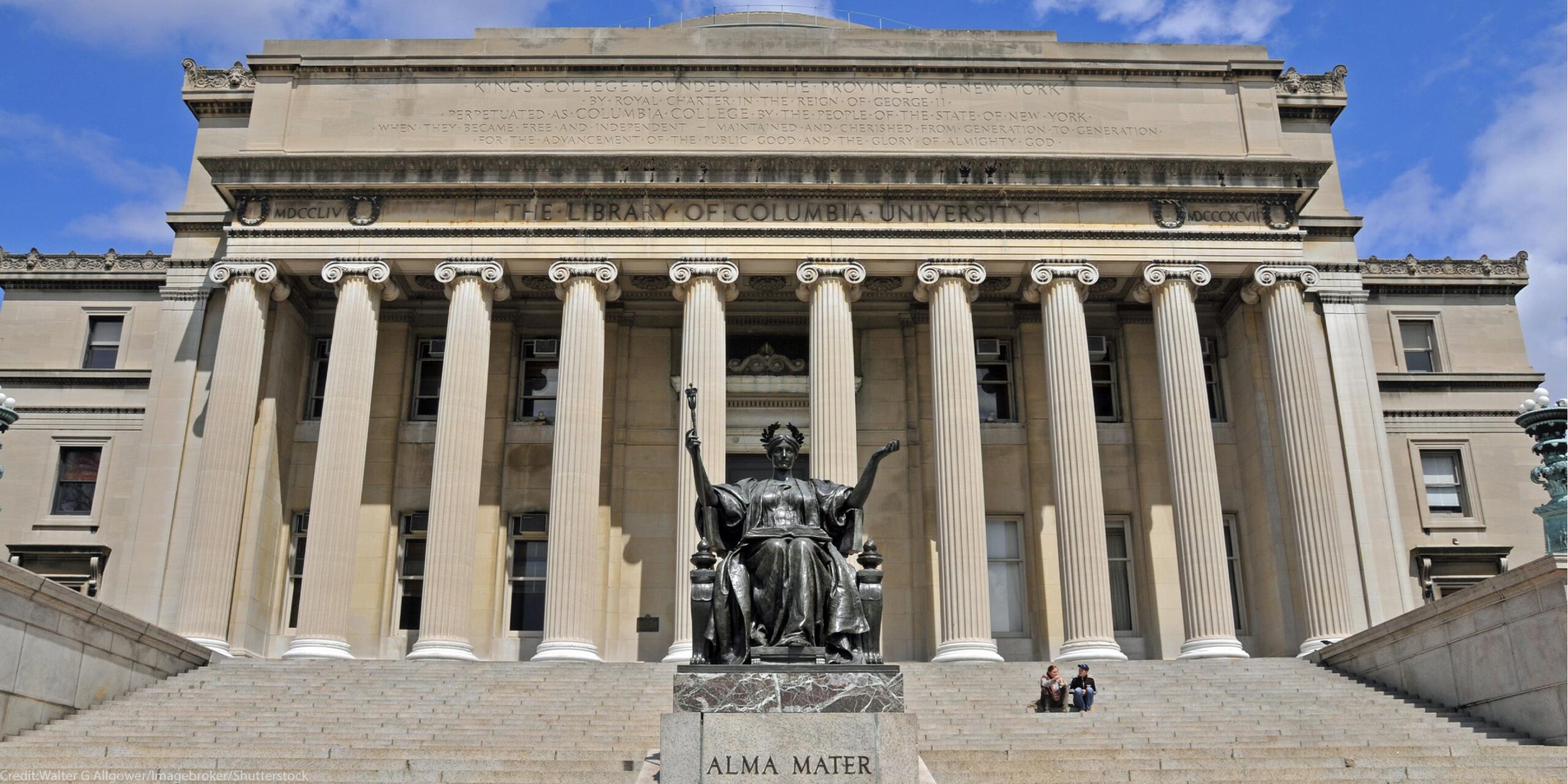 Facade of the Columbia University Library with the ALMA MATER statue in the foreground.