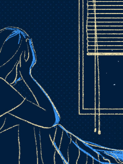 Illustration of a person with long hair sitting up in bed at night and facing a window with blinds half drawn that hide the top half of the moon.