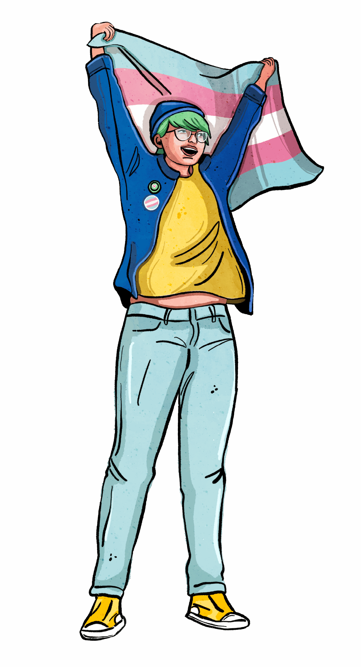 a person holding a trans pride flag