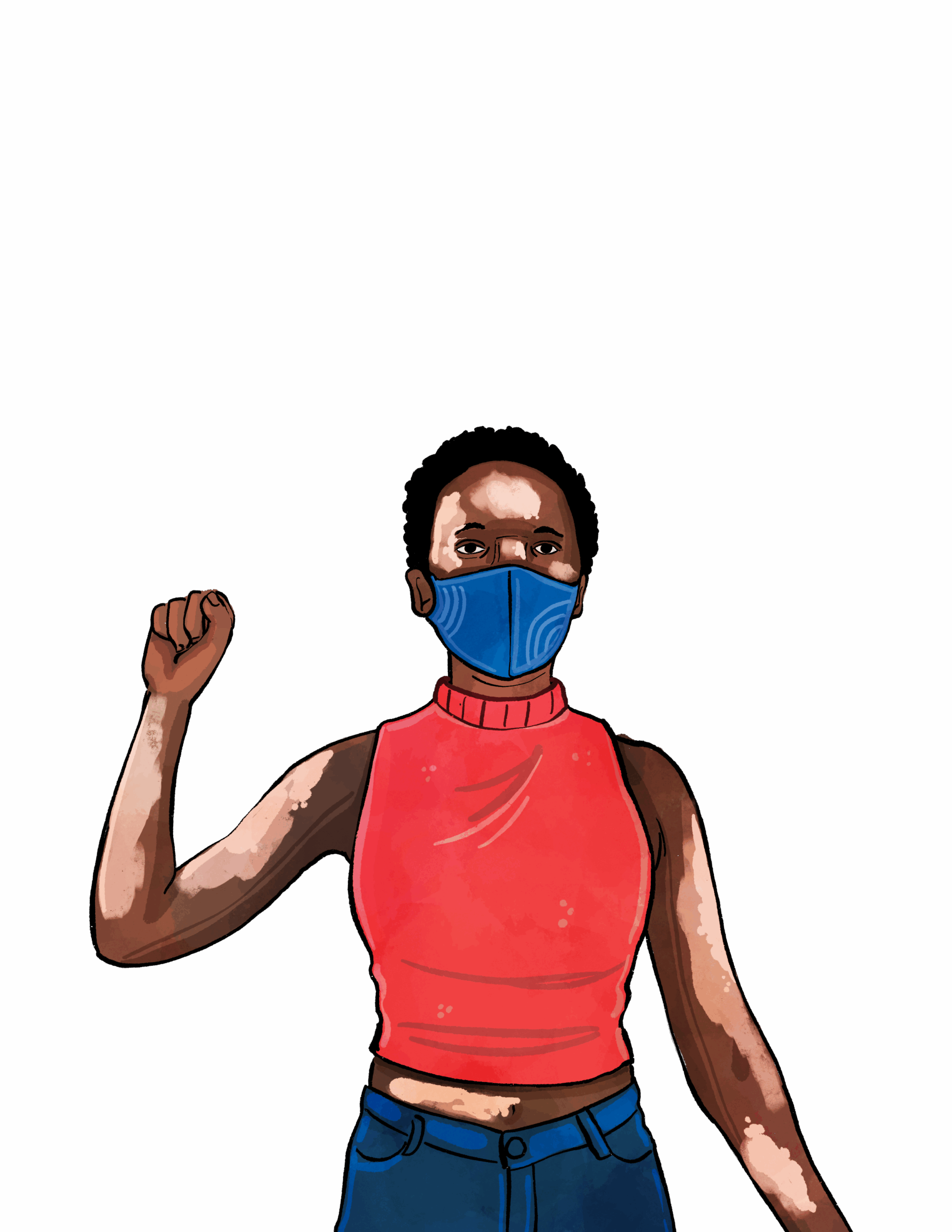 A black person with vitiligo, wearing a mask and raising a fist