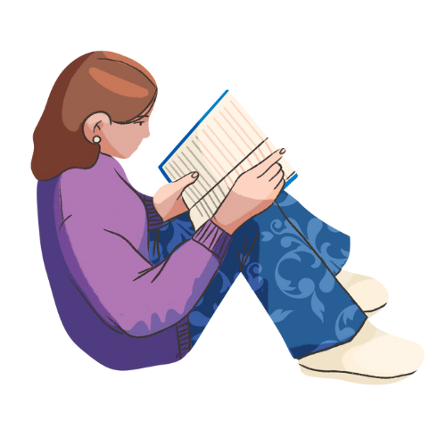 an illustration of a person sitting with their knees up reading a book