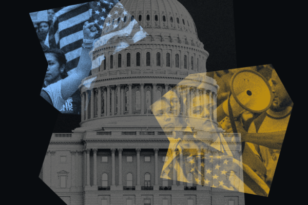 Cutouts of images of protests and the Capitol.