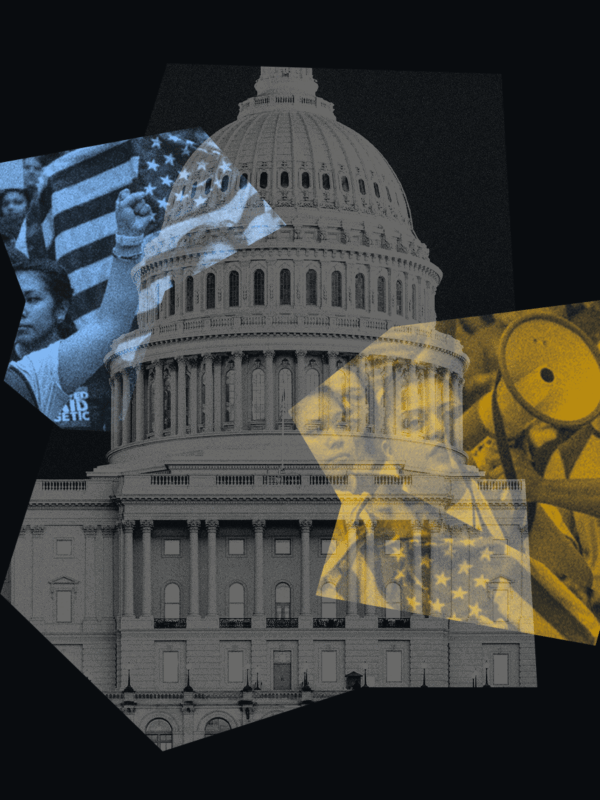 Cutouts of images of protests and the Capitol.