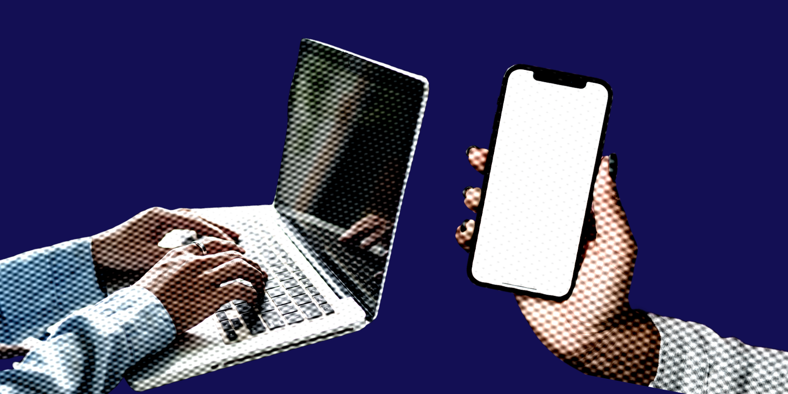 Dark blue banner with a picture of someone's hands holding a phone and another person's hands typing on a laptop.