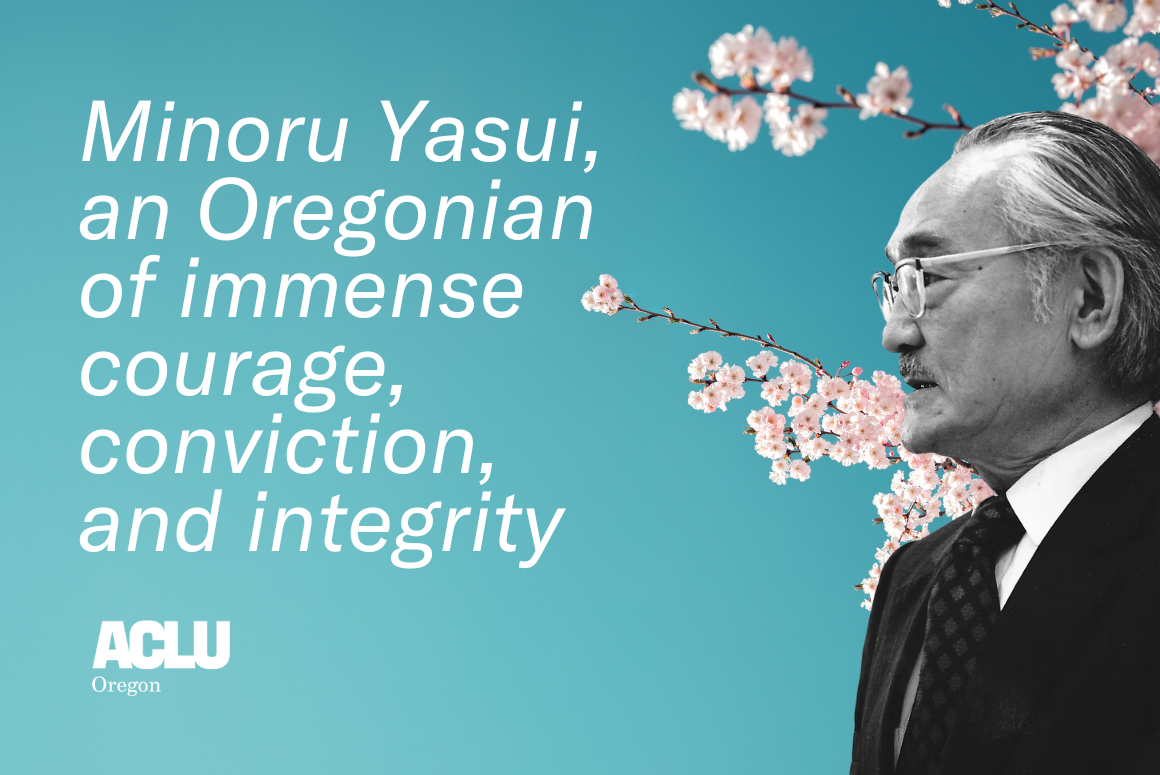 A blue background with cherry blossoms, a black and white portrait of Minoru Yasui, an Oregonian of immense courage, conviction and integrity