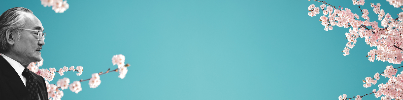 A blue background with cherry blossoms, a black and white portrait of Minoru Yasui, an Oregonian of immense courage, conviction and integrity