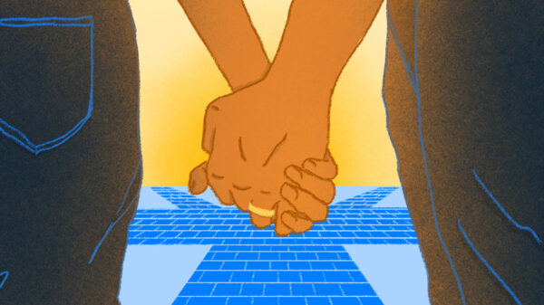 An animation of a married couple holding hands.