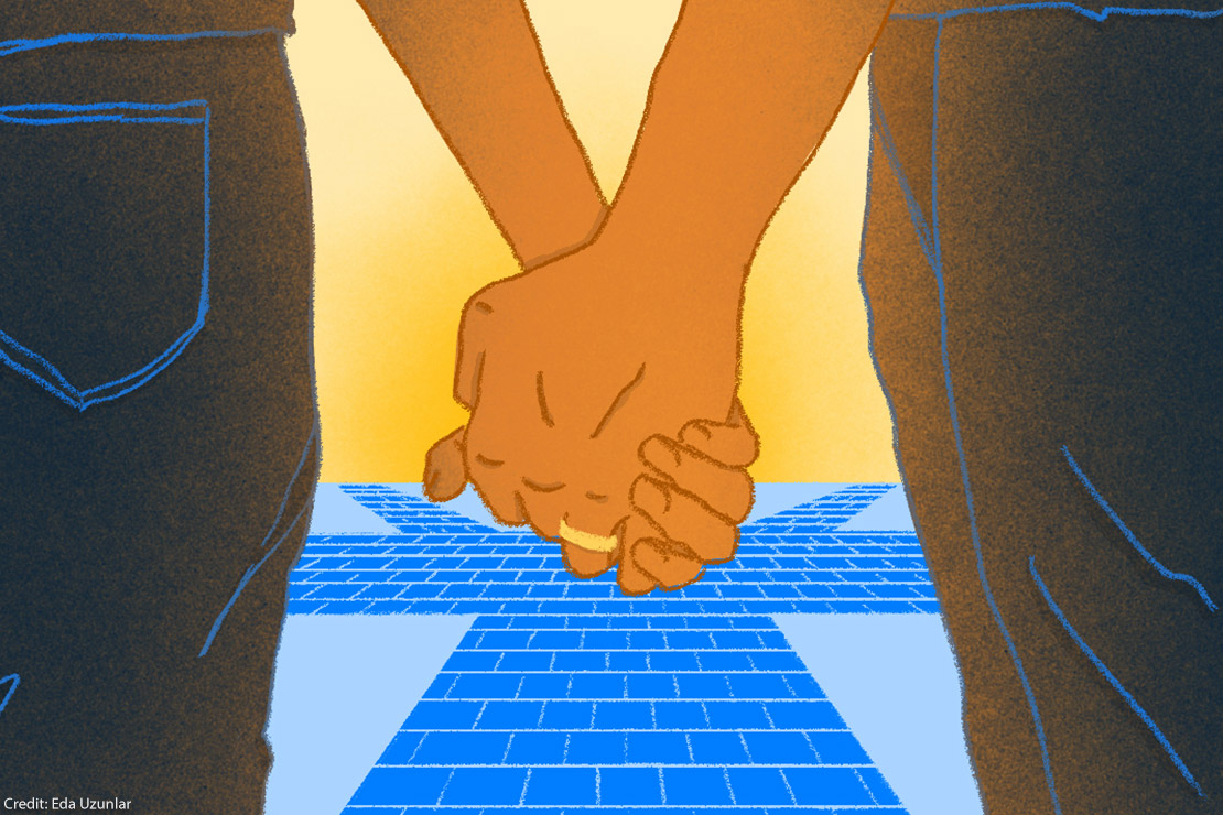An animation of a married couple holding hands.
