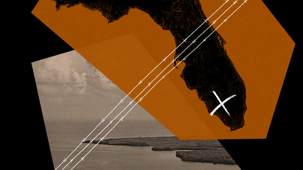 A graphic depicting the state of Florida and a barbed wire fence.