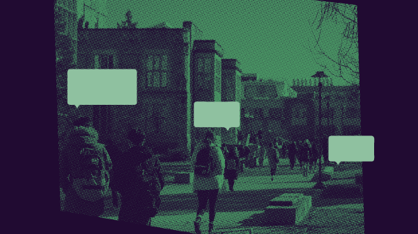 Empty speech bubbles from students on a campus.