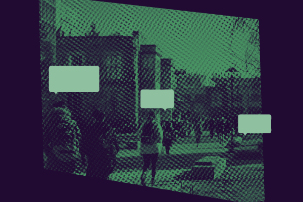 Empty speech bubbles from students on a campus.