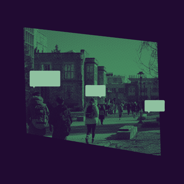 Empty speech bubbles from students on a campus.