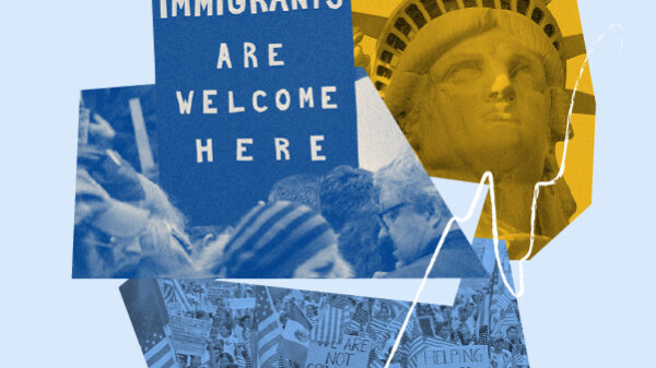 Collage of protest pictures, the statue of liberty, and a sign that reads, "Immigrants are welcome here."