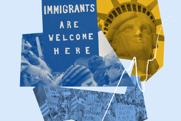 Collage of protest pictures, the statue of liberty, and a sign that reads, "Immigrants are welcome here."