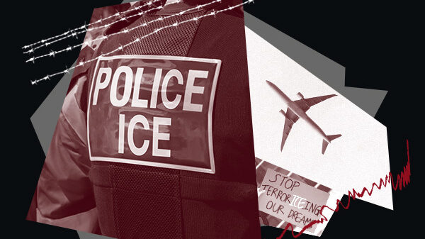 Deportation imagery with barbed wire, protesting, and an airplane.