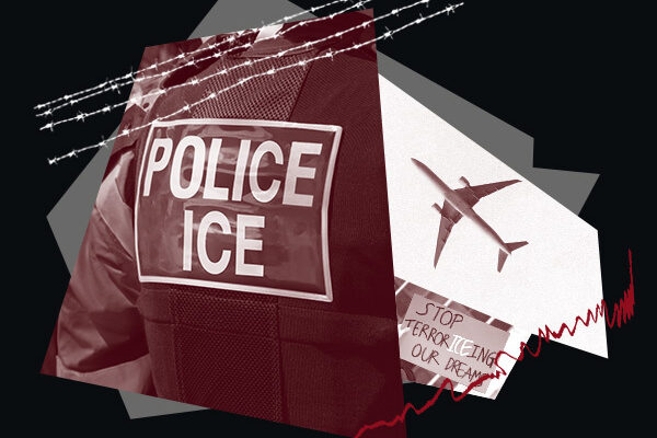 Deportation imagery with barbed wire, protesting, and an airplane.