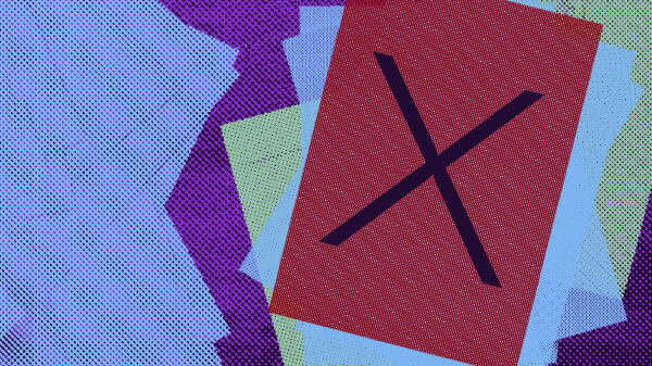 Graphic depicting a red paper with an X on it within other bills.