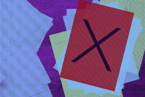 Graphic depicting a red paper with an X on it within other bills.