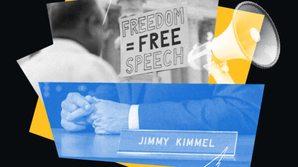Freedom = Free Speech. Image of Jimmy Kimmel nameplate, protest, and a megaphone.