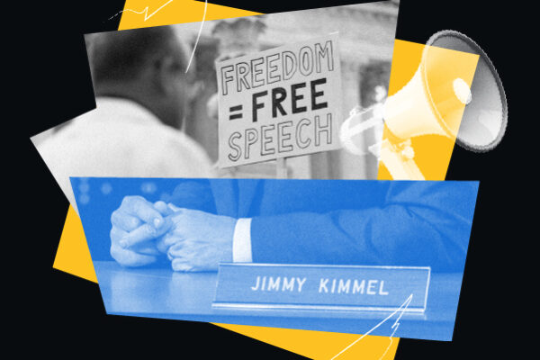 Freedom = Free Speech. Image of Jimmy Kimmel nameplate, protest, and a megaphone.