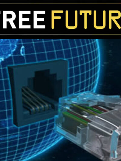 An ethernet cable plugging in to a computer-stylized globe