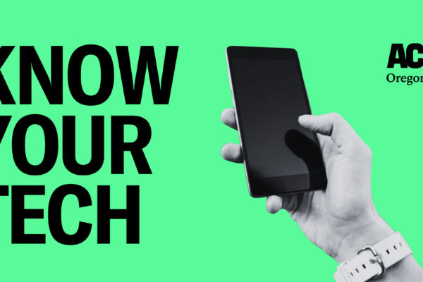 Know Your Tech, bright green background, bolded black lettering, and an image of a hand holding a cell phone.