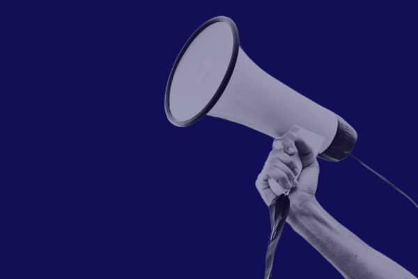 A navy background, text on the left reads "know your rights" with an image of an arm holding a megaphone on the right.