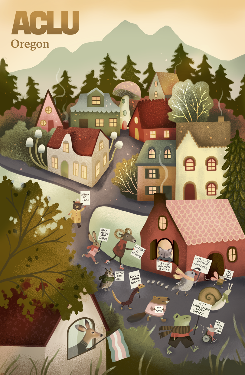 Art of a neighborhood with critters protesting